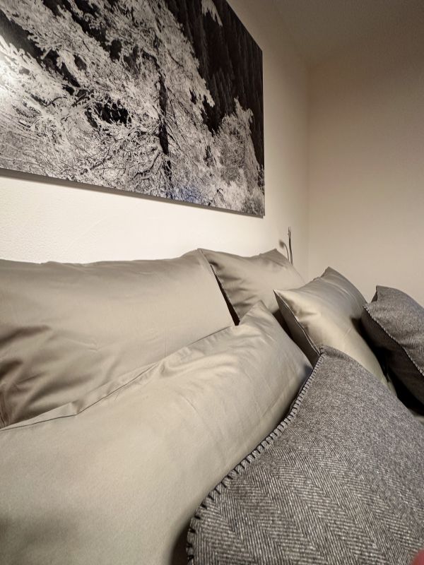 Projet d'aménagement et de décoration d'appartement de montagne Haute -Nendaz - Chambre à coucher dans un camaïeu de gris chaleureux et contemporain